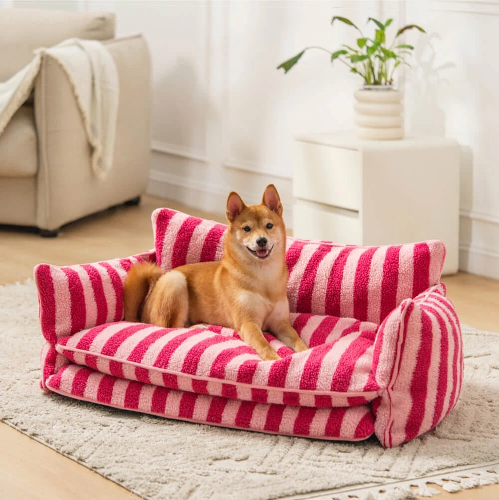 Luxury Trendy Striped Faux Lambswool Double Layer Orthopedic Dog Sofa Bed Plush Material Solid Dog Bed
