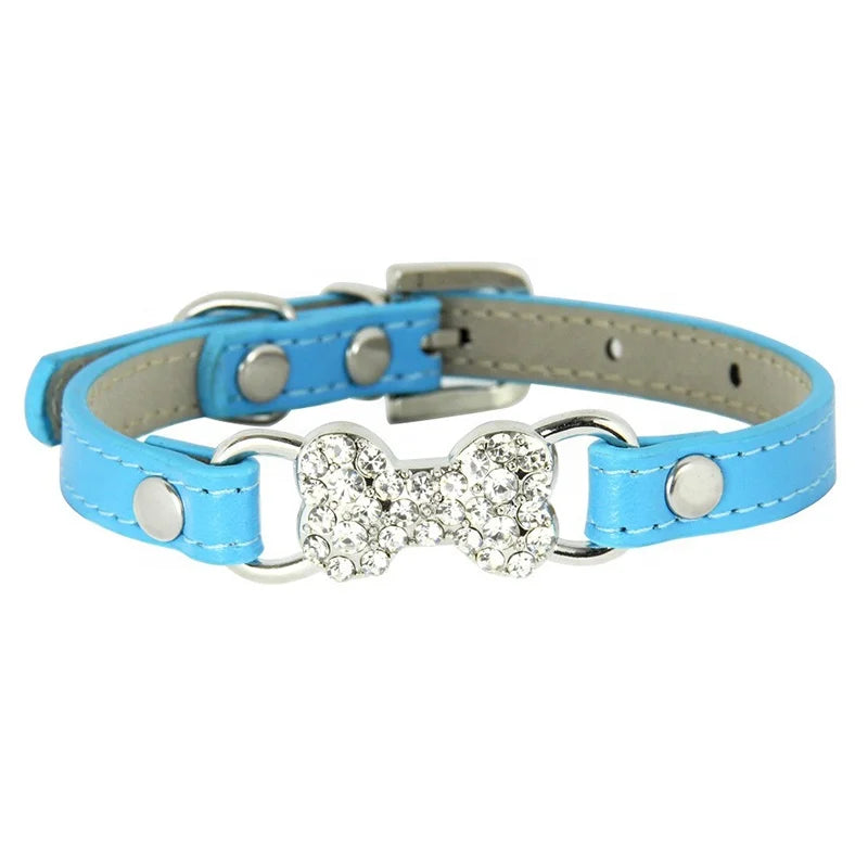 Luxury Shining Bling Bone Shape Rhinestone PU Leather Pet Blank Collar with Solid Pattern Small Dog Cat Collars with Buckle