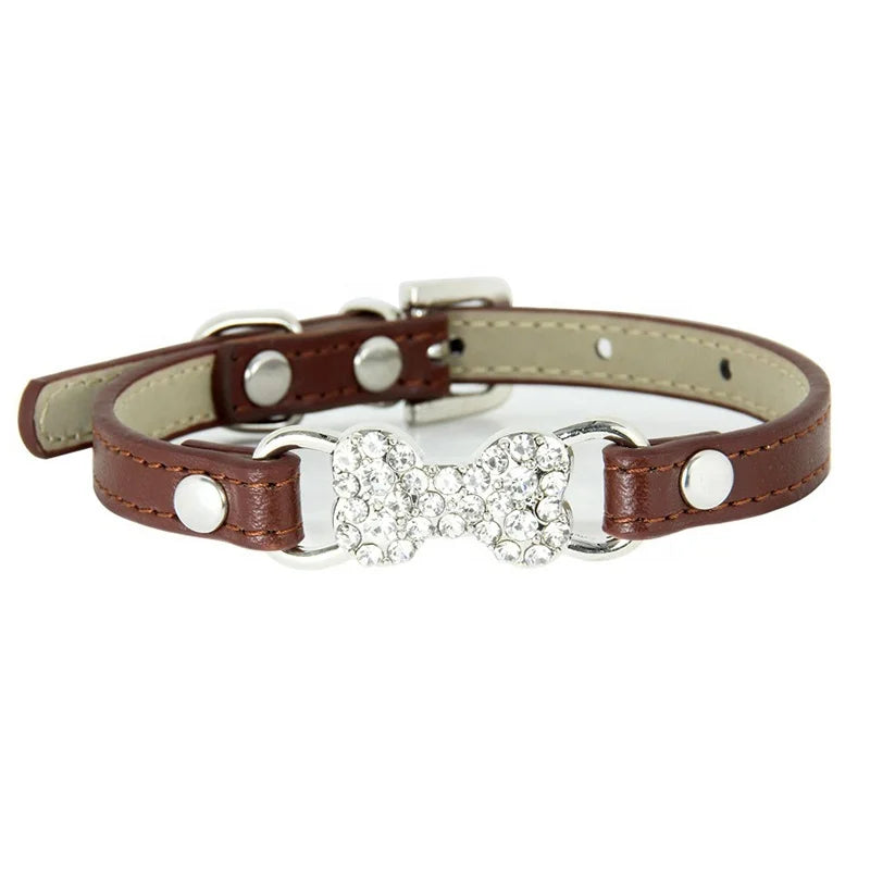 Luxury Shining Bling Bone Shape Rhinestone PU Leather Pet Blank Collar with Solid Pattern Small Dog Cat Collars with Buckle