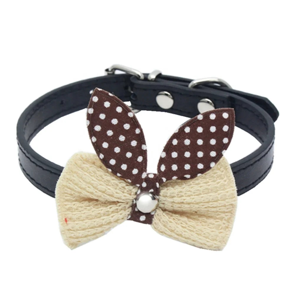 Economical Small Dogs Accessories Cute Solid Pattern Knit Bowknot PU Pet Collars