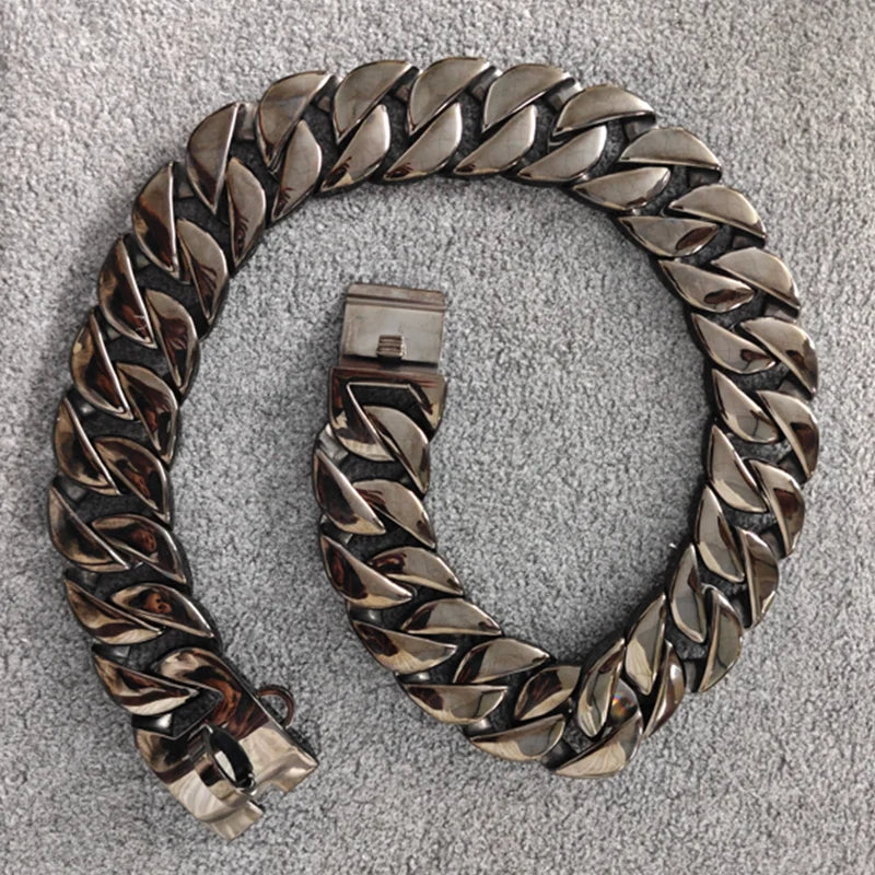 Stainless Steel 32MM Bulldog Collar, Black Cuban Chain Dog Collar, Leash,Pet Supplies