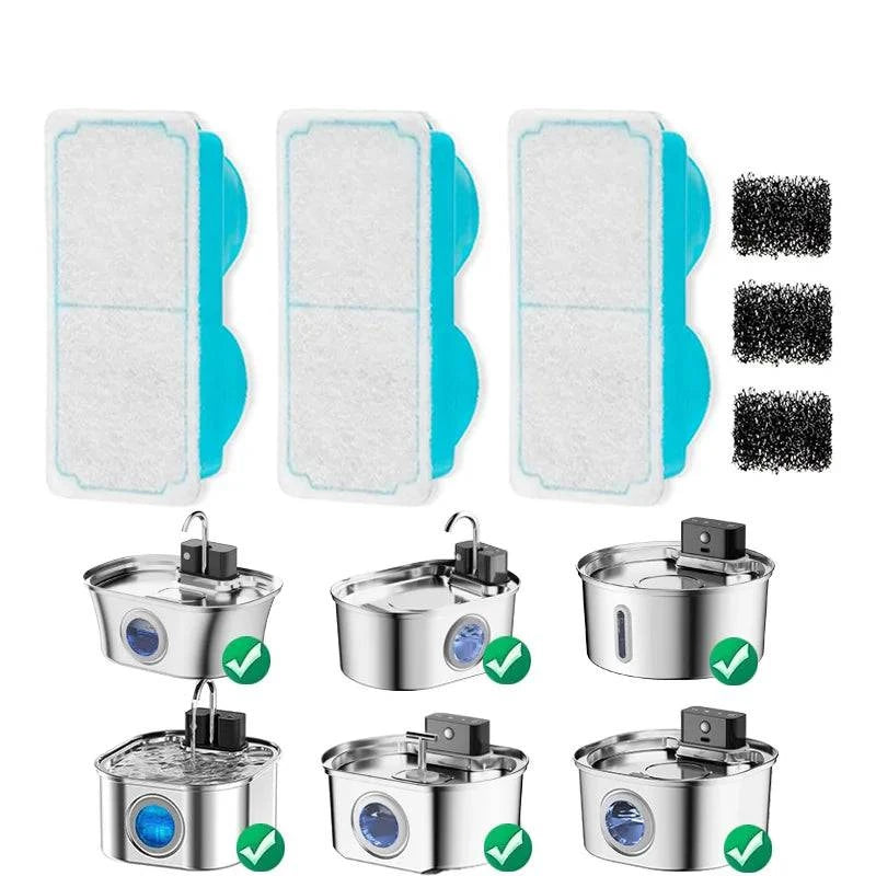 3pcs Smart Cat Water Fountain Filters for 108oz/3.2L Wireless Cat Water Fountain Battery Operated Stainless Steel Pet Feeder - Fold Paws