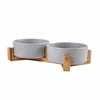 Ceramic Pet Bowl for Dog Cat Round Durable Double Dish Food Water Elevated Feeder with Wood Stand Accessories