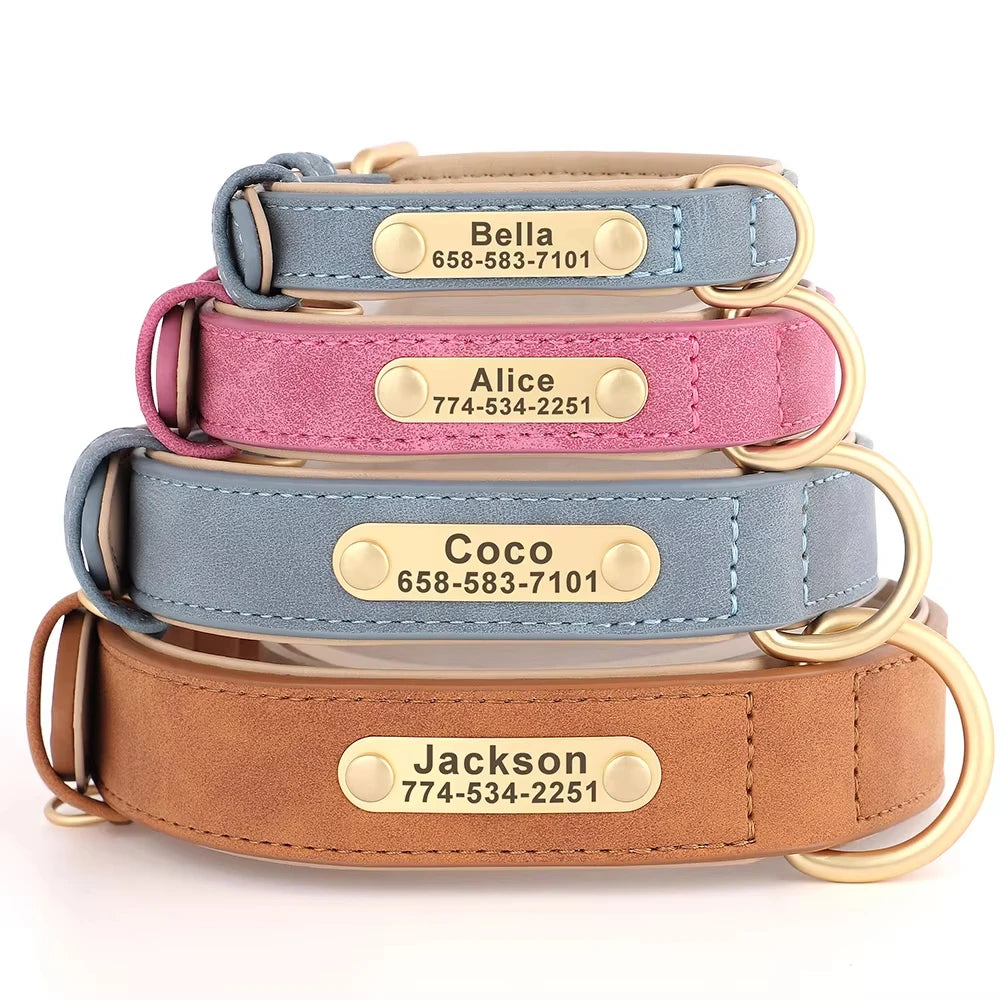 Leather Luxury, Custom Name Dog Collar Comfortable Pet Collars with Rivet Decoration Solid Pattern Anti-Lost Feature