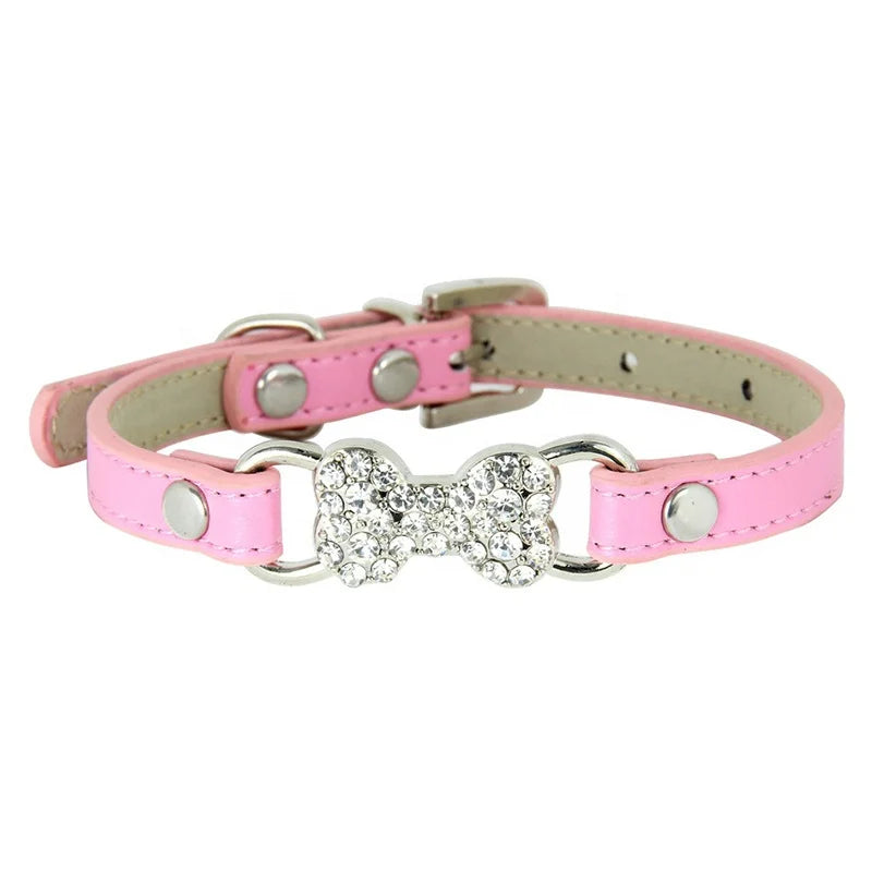 Luxury Shining Bling Bone Shape Rhinestone PU Leather Pet Blank Collar with Solid Pattern Small Dog Cat Collars with Buckle
