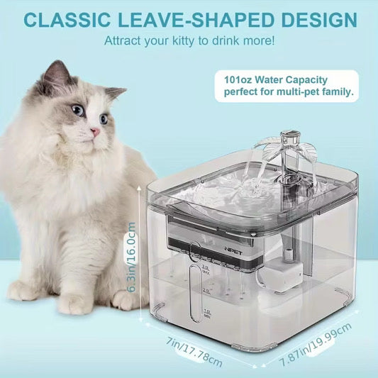 Automatic Cat Water Fountain, 3L/101oz – Triple Filtration, Ultra-Quiet, 3 Flow Modes (Clear)