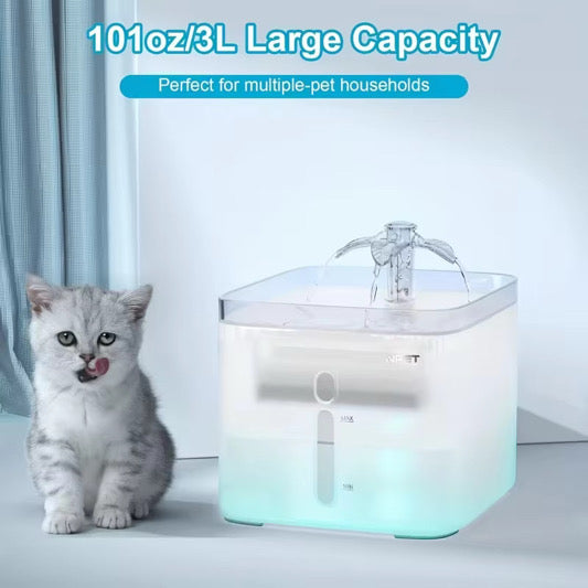 Automatic Cat Water Fountain, 3L/101oz – Triple Filtration, Ultra-Quiet, 3 Flow Modes (Clear)