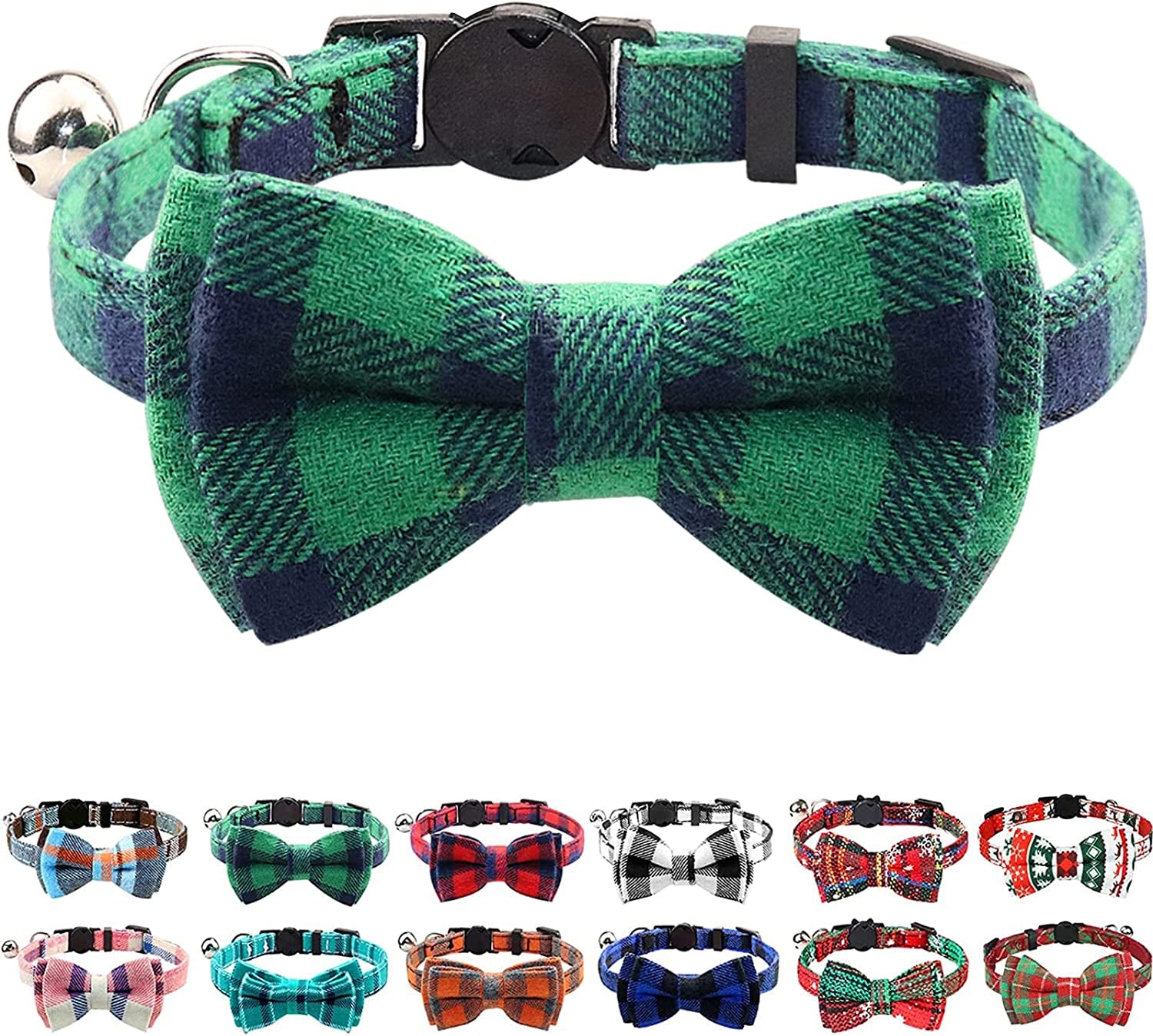 Joytale Upgraded Cat Collar with Bells, Breakaway Cat Collars with Bow Tie, 1 Pack Girl Boy Safety Plaid Kitten Collars, Haze Blue