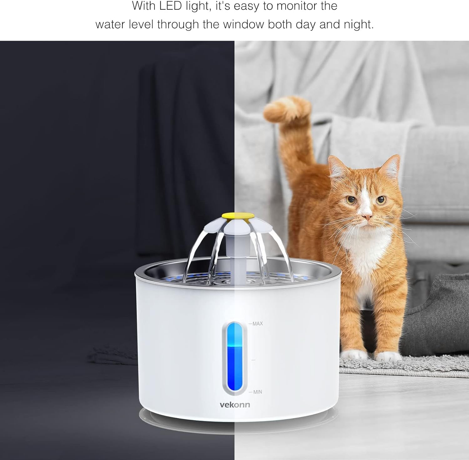 Cat Water Fountain Stainless Steel Top, 2.4L Pet Water Fountain for Small Dog and Cat with LED Light and Water Level Window