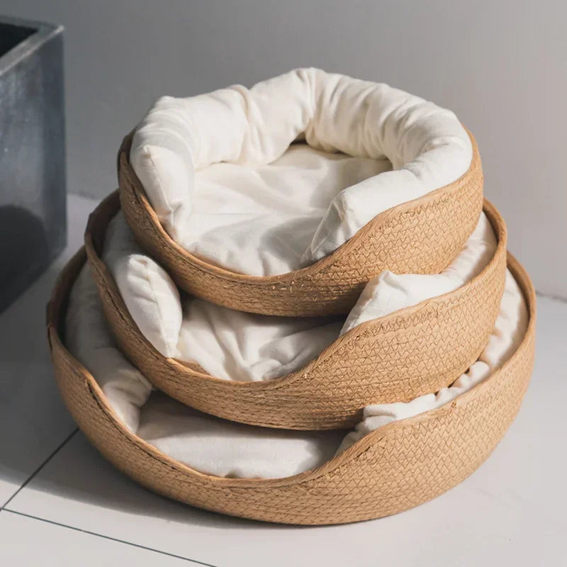 Cozy Bamboo Weave Pet Bed - Waterproof & Removable Cushion for All Seasons