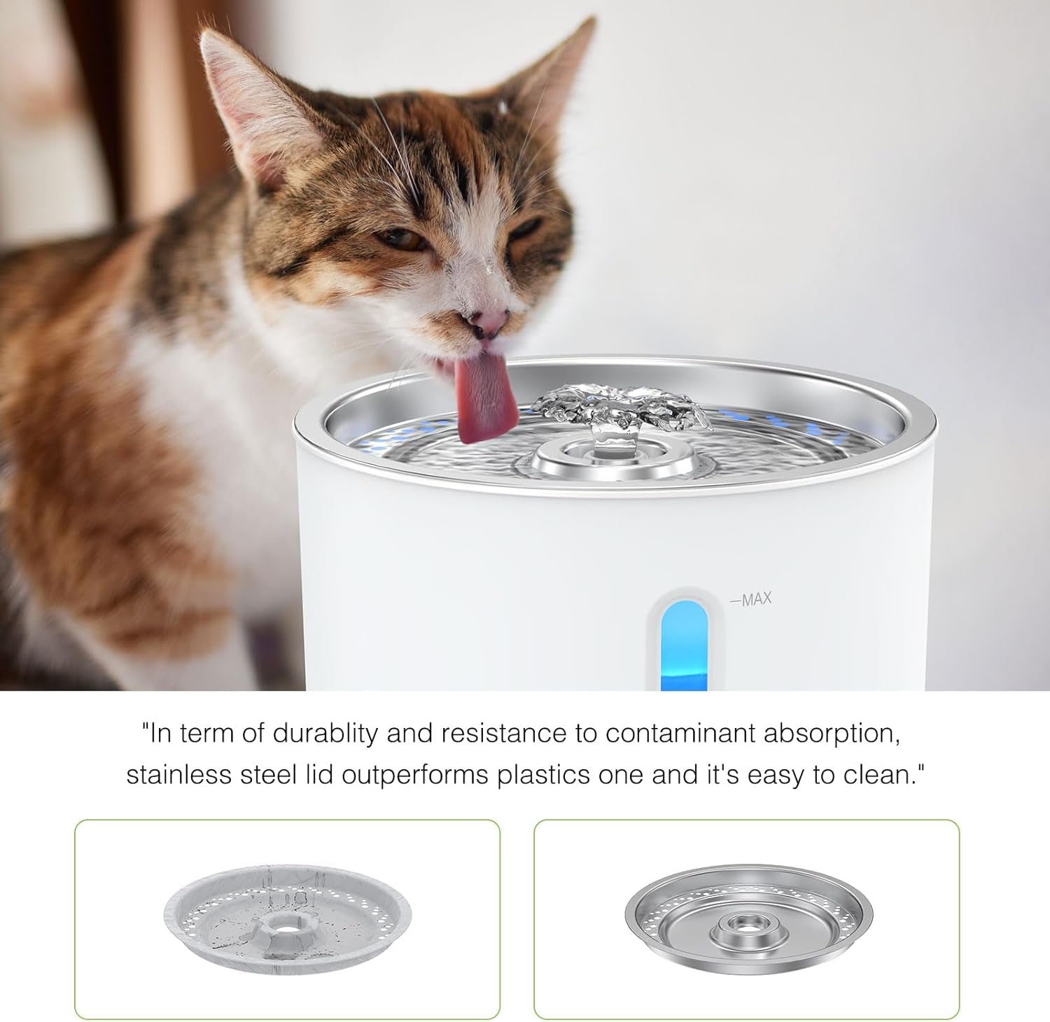 Cat Water Fountain Stainless Steel Top, 2.4L Pet Water Fountain for Small Dog and Cat with LED Light and Water Level Window