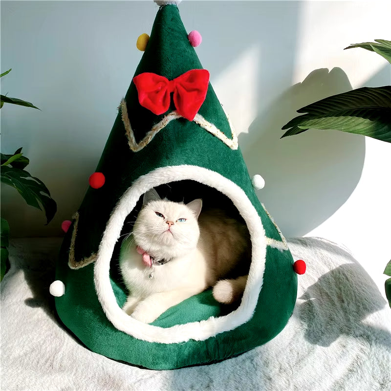 Christmas Tree Cat and Dog Bed & Cat Cave – Warm, Cozy, Portable Winter Pet Kennel