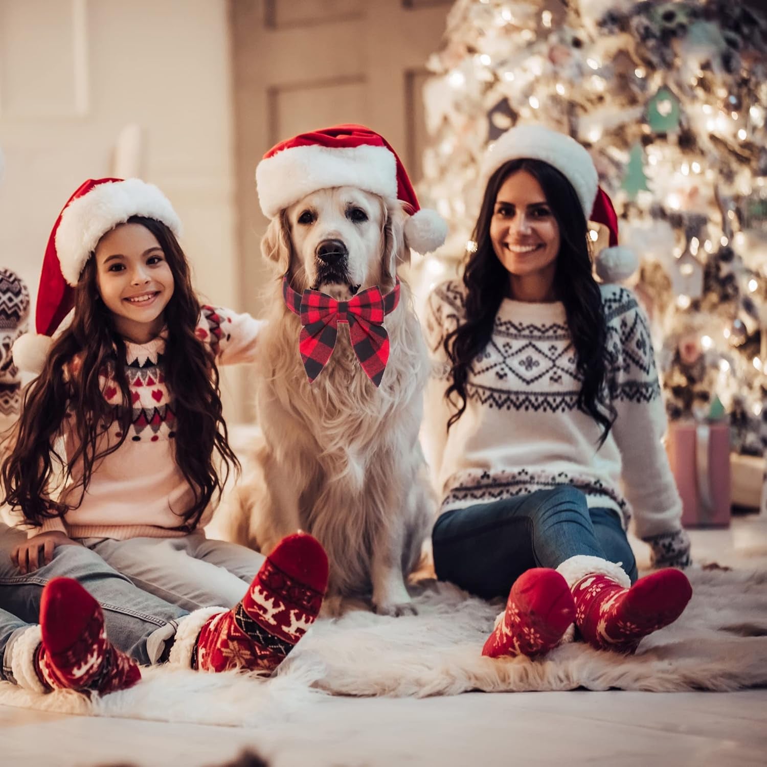 ADOGGYGO Christmas Dog Collar with Bow, Adjustable Red Plaid Bowtie Collar for Large Dogs, Festive Pet Accessory