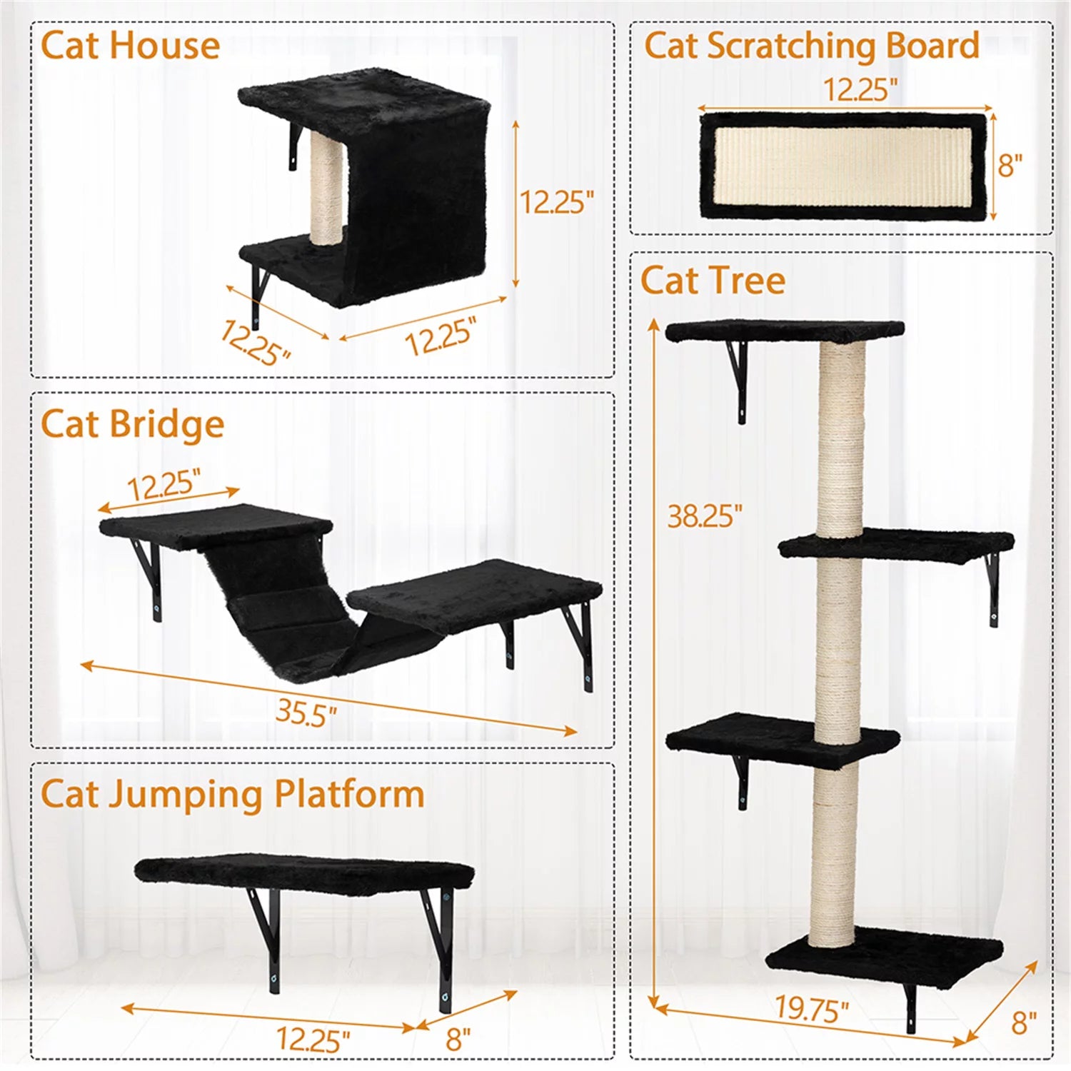 Cat Wall Shelves and Perches Set, Cat Tower for Adult Cats Mounted Cat Tree House