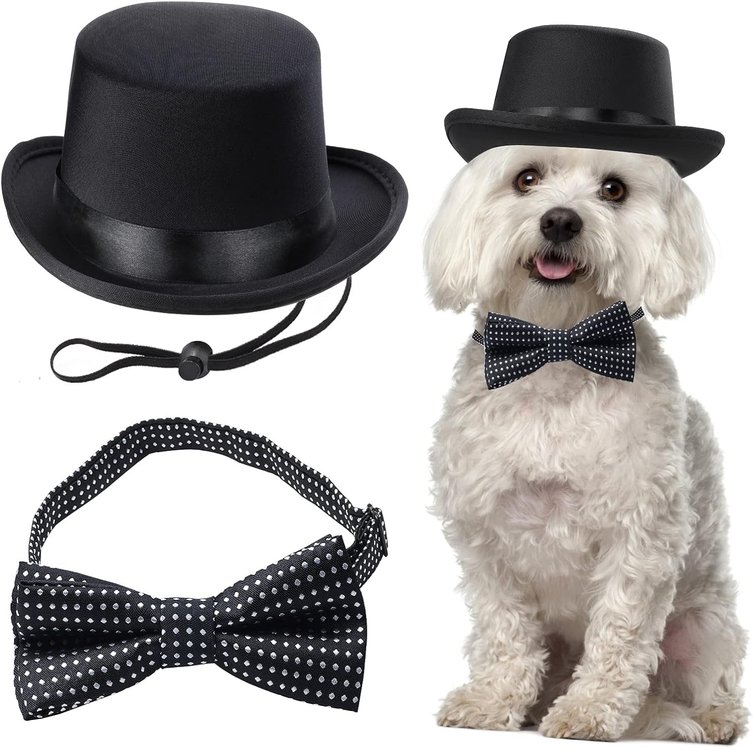 Yewong 2 Pieces Pet Formal Accessories Set - Pet Top Hat with Pet Formal Necktie/Bowtie Birthday Party Gradation Halloween Costumes Accessories for Dog Cat (Black-A) One Size