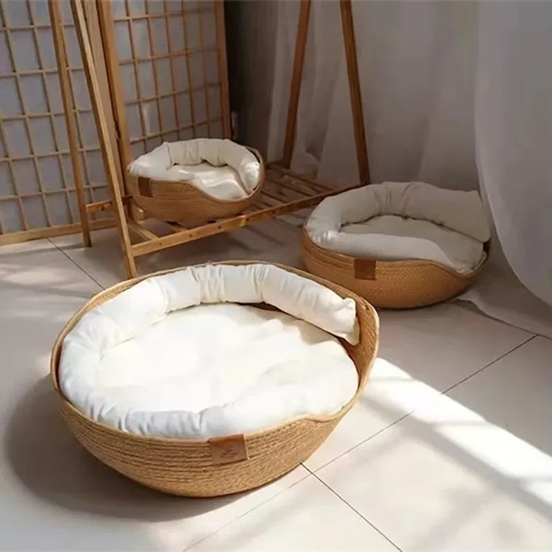 Cozy Bamboo Weave Pet Bed - Waterproof & Removable Cushion for All Seasons