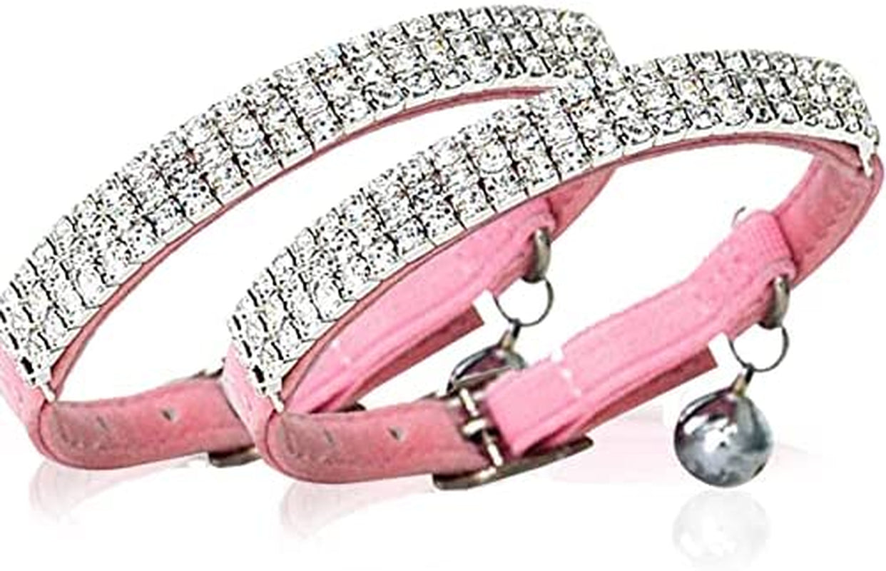 CHUKCHI Soft Velvet Safe Cat Adjustable Collar Bling Diamante with Bells,2 Pcs Black+Pink