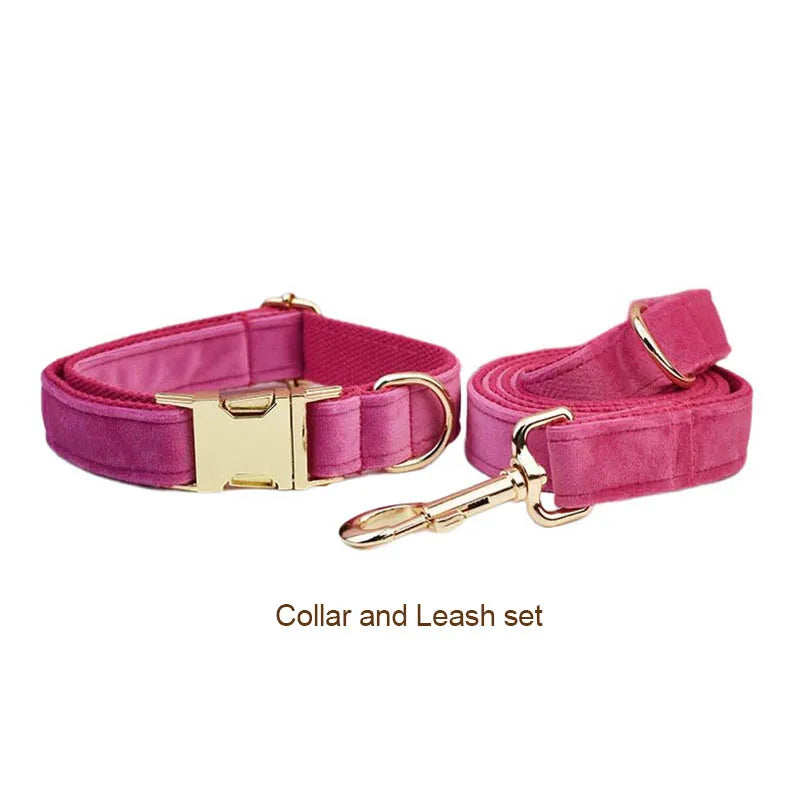 Luxurious Rose Red Velvet Dog Collar and Leash Set with Custom Engraved Nameplate - Perfect Pet Accessory!