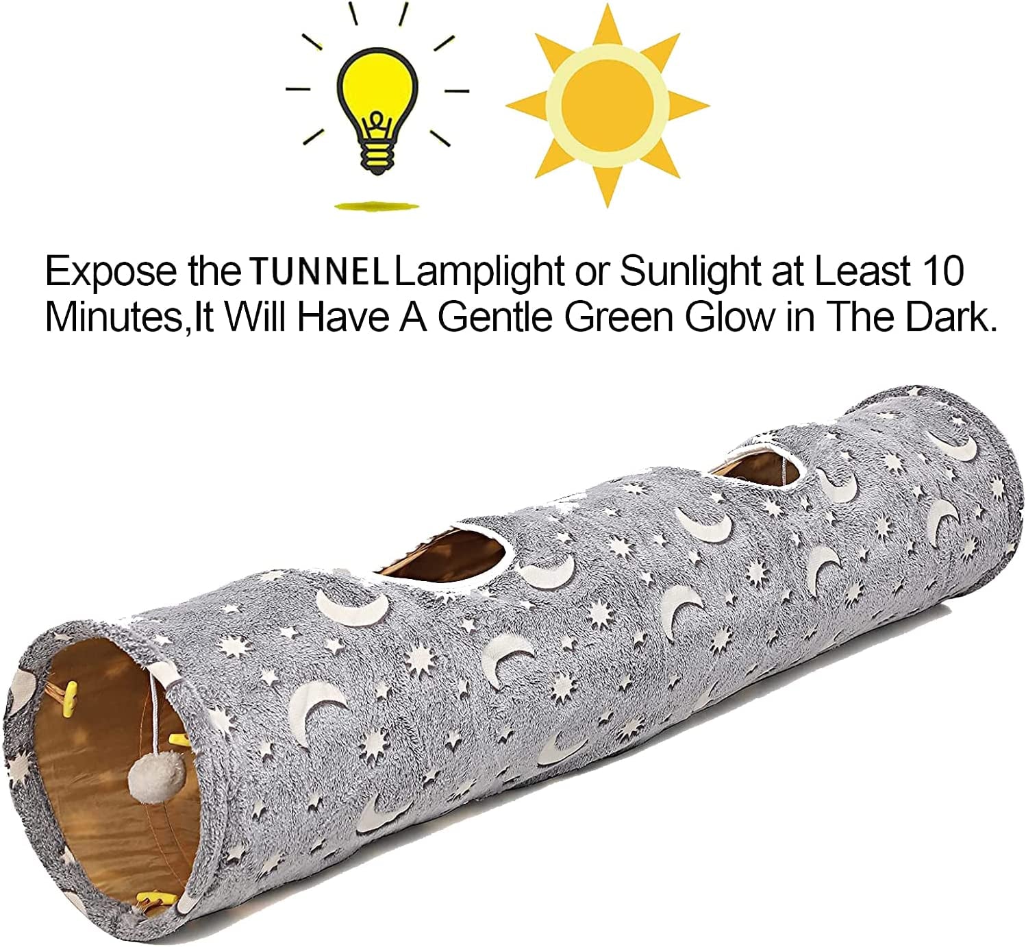 LUCKITTY Cat Tunnel Tube with Plush Ball Toys Collapsible Self-Luminous Photoluminescence, for Small Animals Pets Bunny Rabbits, Kittens, Ferrets,Puppy and Dogs Grey Moon Star