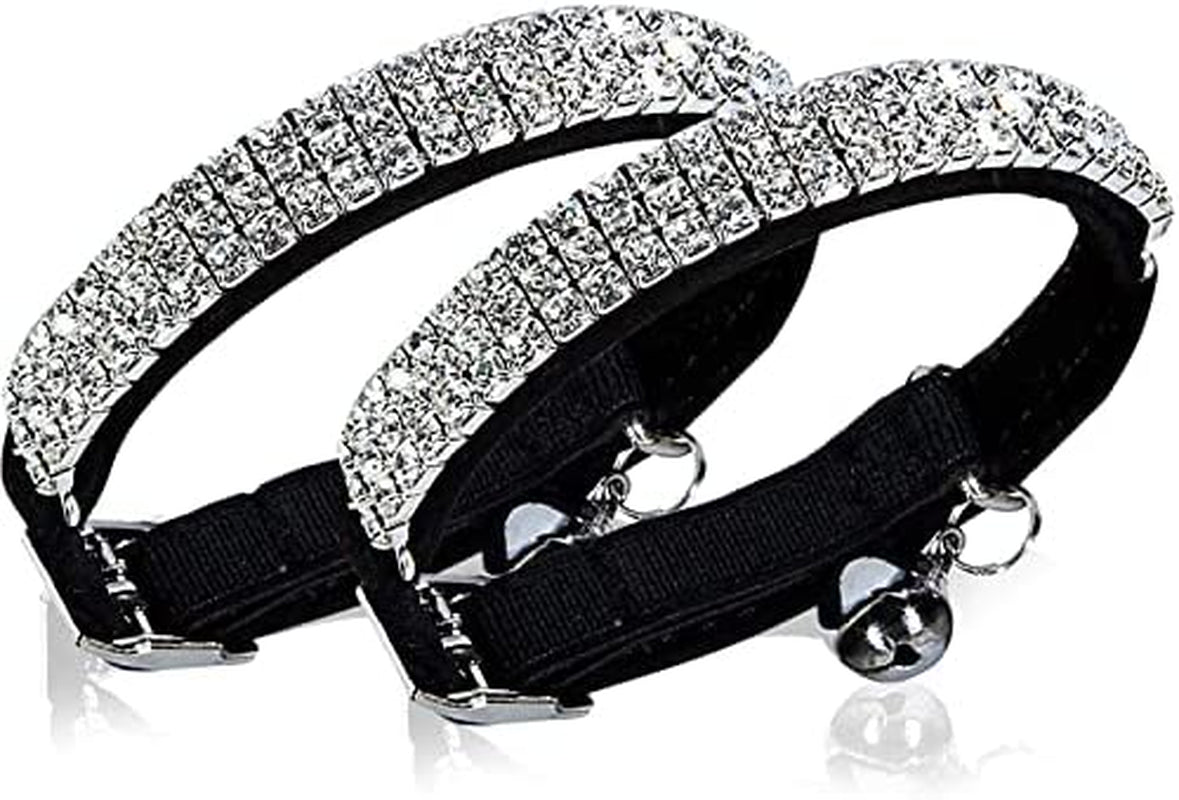 CHUKCHI Soft Velvet Safe Cat Adjustable Collar Bling Diamante with Bells,2 Pcs Black+Pink