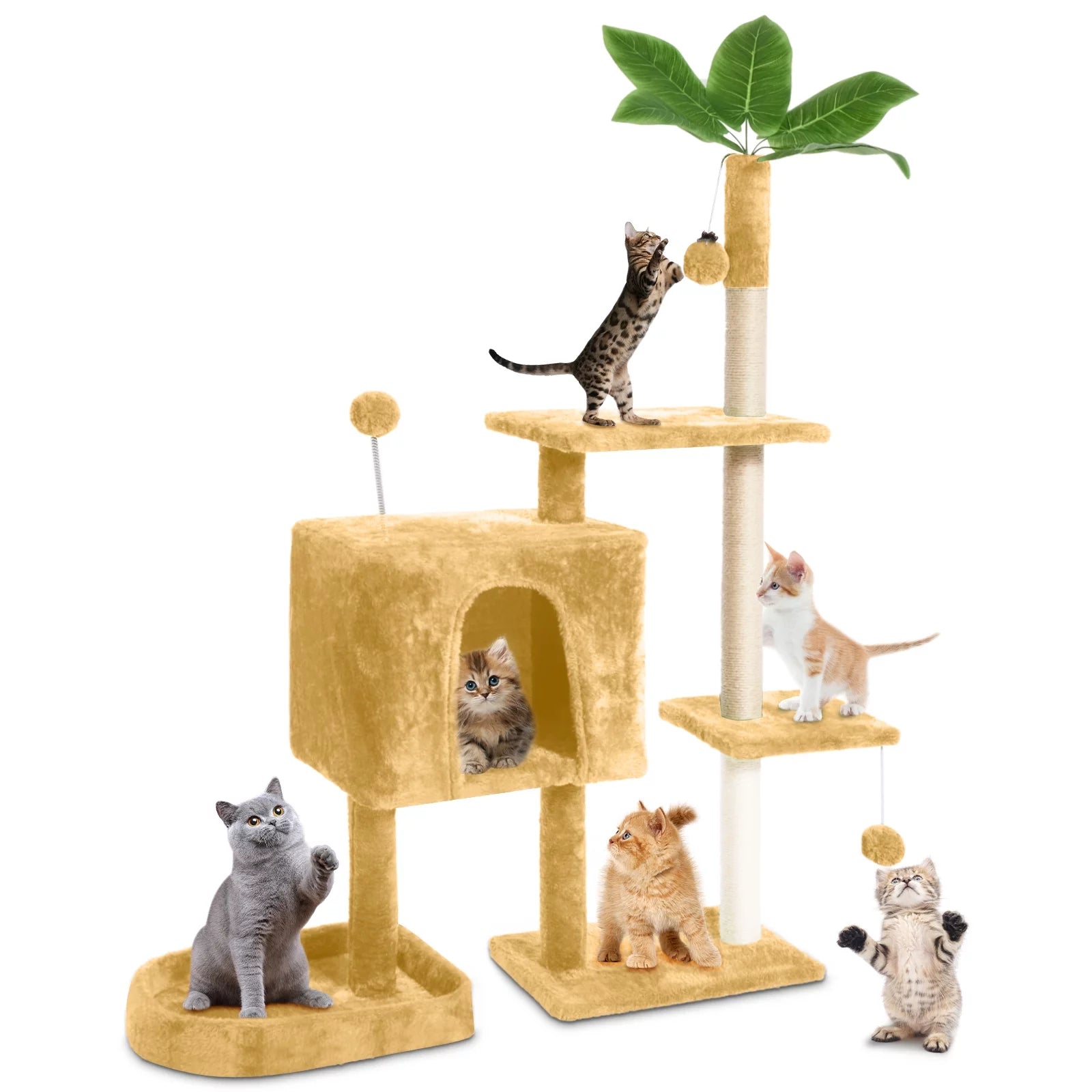 Cozy Green Leaf Cat Tree Tower with Scratching Posts and Hang Ball