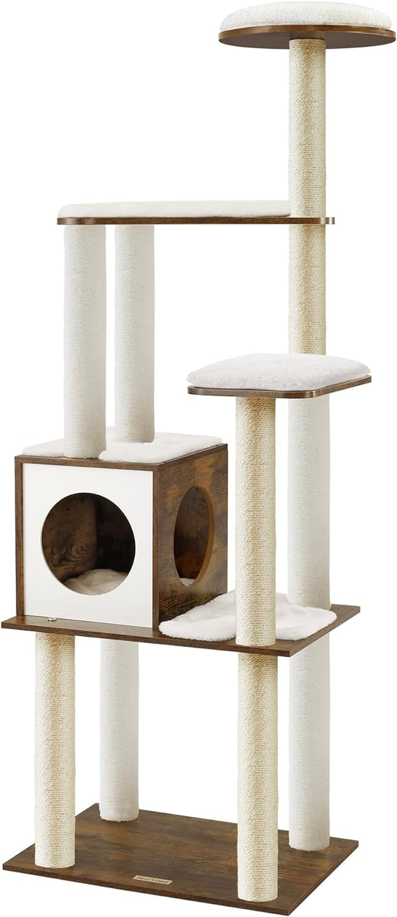 Rustic Brown 65-Inch Modern Cat Tower with Scratching Posts and Washable Cushions