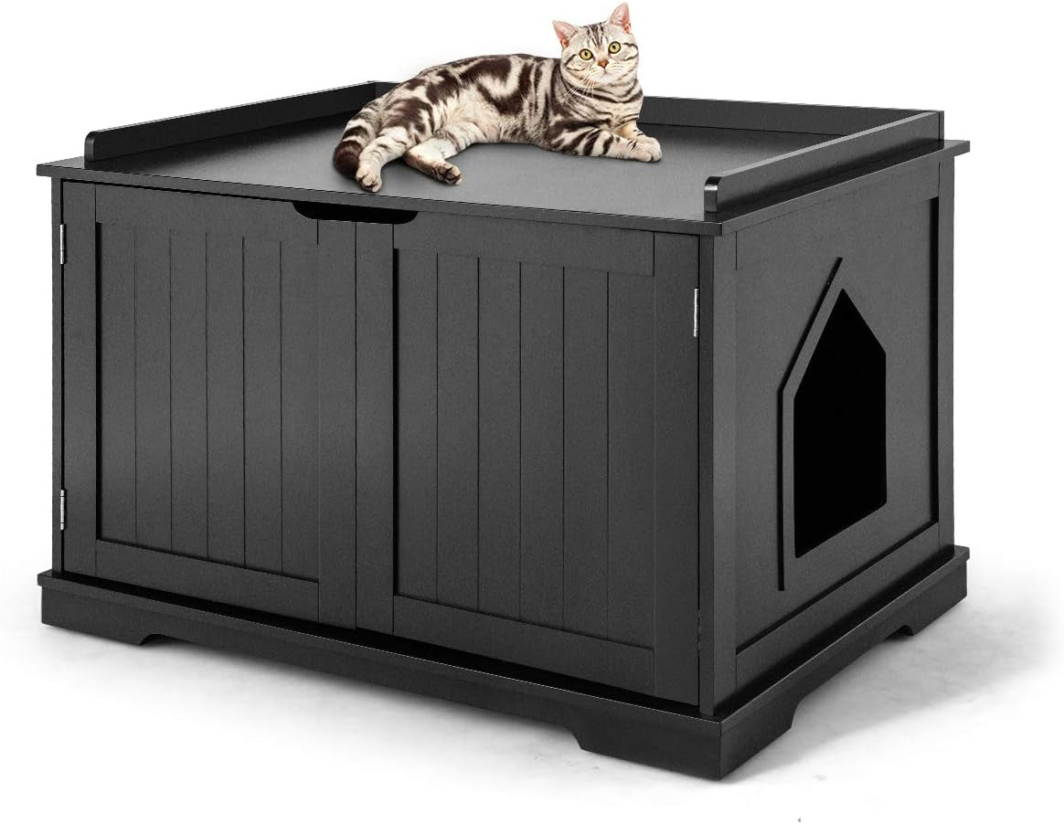 Tangkula Litter Box Enclosure, Cat Litter Box Furniture Hidden, Nightstand Pet House with Double Doors, Indoor Decorative Cat Box Cabinet, Cat Washroom Storage Bench for Large Cat Kitty