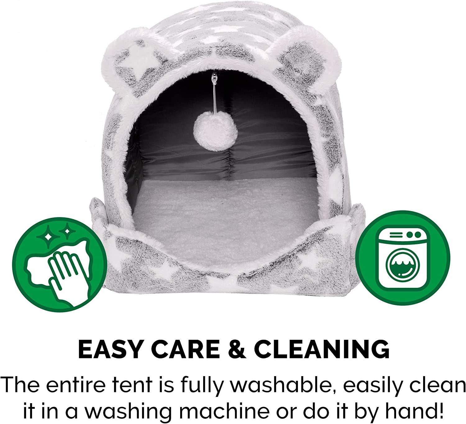 Furhaven Cat Bed Cave for Indoor Cats & Small Dogs, Washable & Foldable W/ Plush Ball Toy - Cozy Cave-Bear Pet Tent - Silver Stars, Small