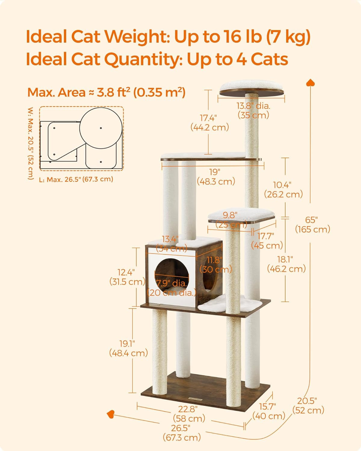 Rustic Brown 65-Inch Modern Cat Tower with Scratching Posts and Washable Cushions