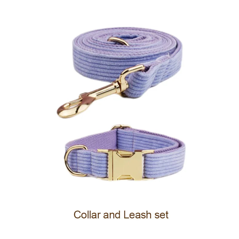 Purple Corduroy Velvet Dog Collar and Leash Set for Dogs Custom Engraved Nameplate Pet Supplies Dog Leash Corduroy09