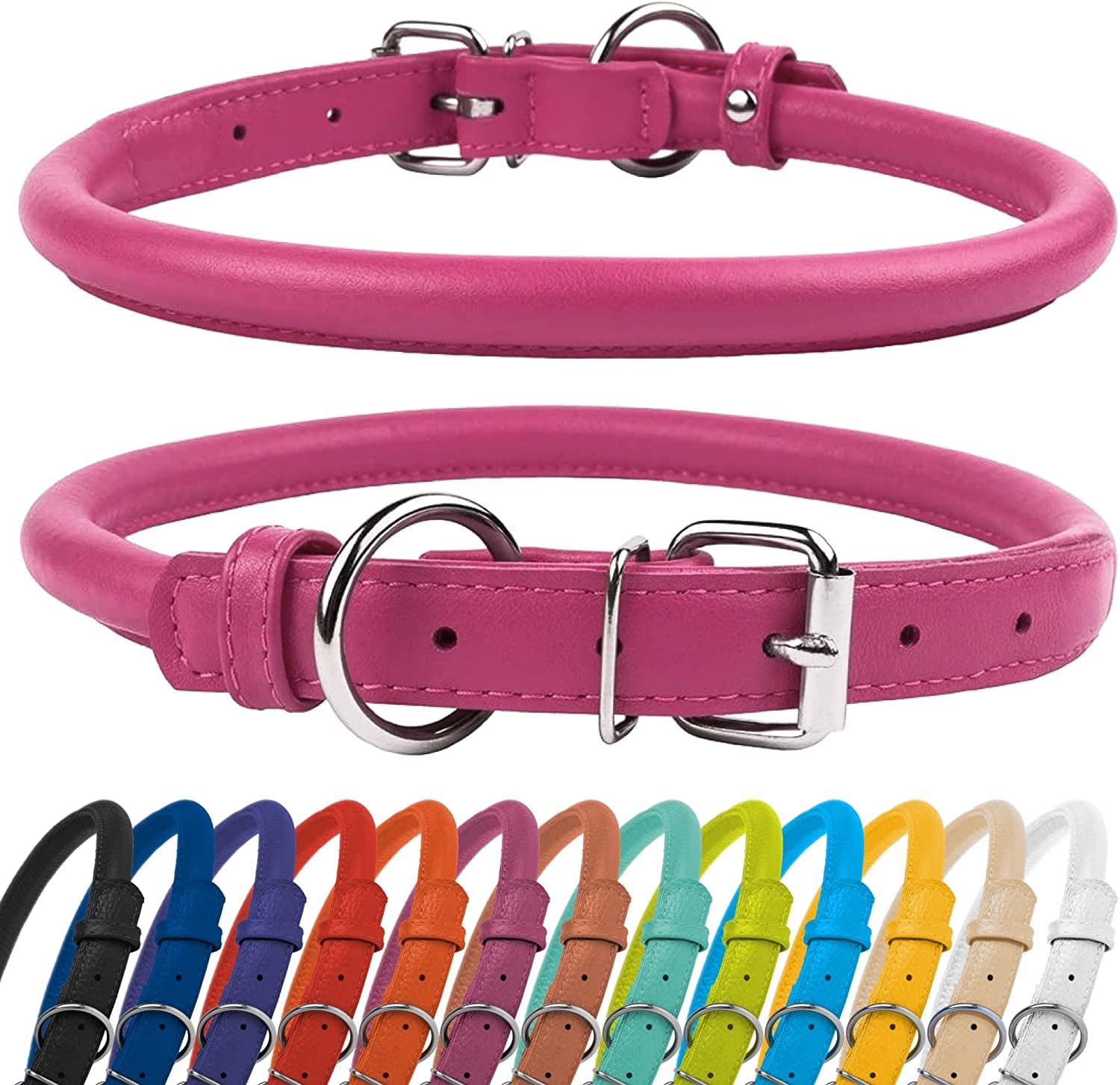 Rolled Leather Dog Collar, Soft Padded round Puppy Collar, Handmade Genuine Leather Collar Dog Small Large Cat Collars 13 Colors (6-7 Inch, Pink Textured)