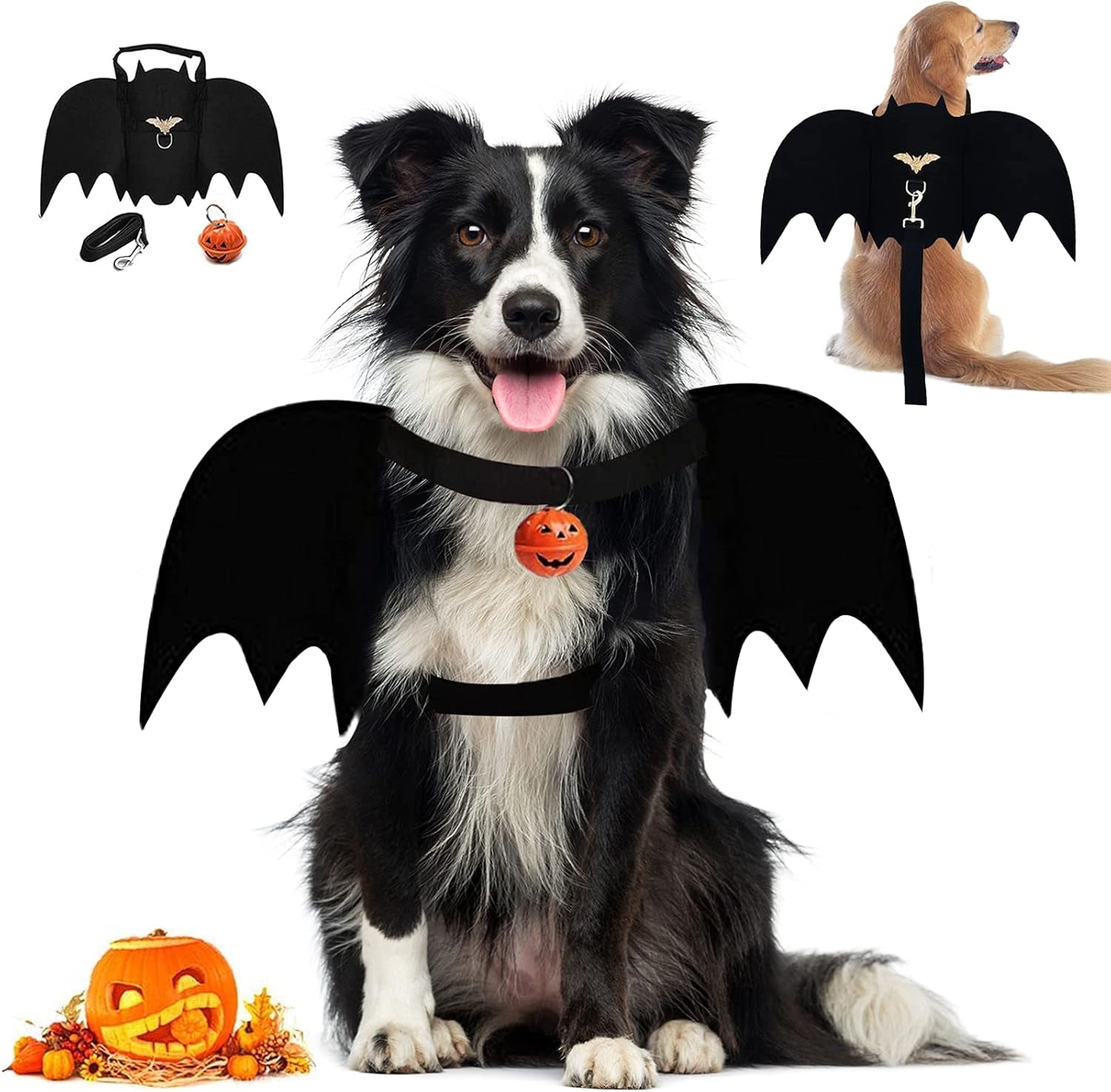 Dog Bat Wings, Pet Halloween Costume for Medium Large Dogs Funny Dog Clothes with Leads and Pumpkin Bells Puppy Dress up Halloween Decorations Apparel