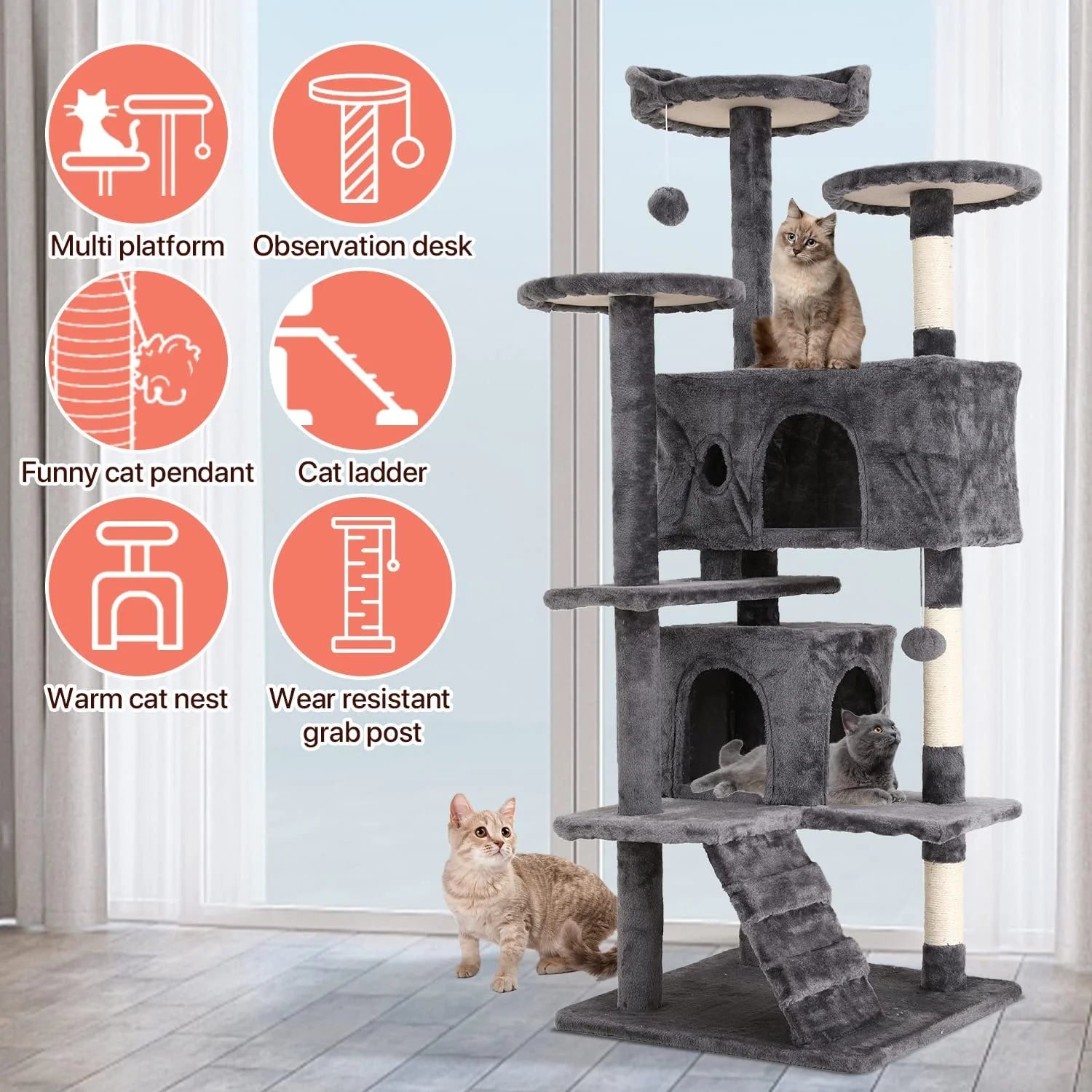 54-In Double Condo Cat Tree Tower Playhouse with Scratching Post & Perch for Indoor