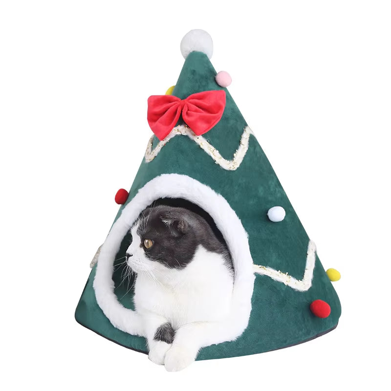 Christmas Tree Cat and Dog Bed & Cat Cave – Warm, Cozy, Portable Winter Pet Kennel