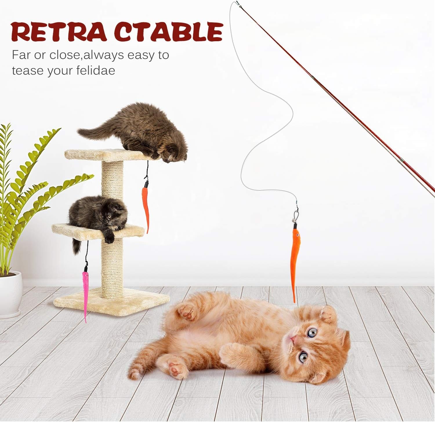 Retractable Cat Toys Wand with 5 Piece Teaser Refills, Interactive Cat Feather Toy for Cat Kitten Having Fun Exerciser Playing, Red