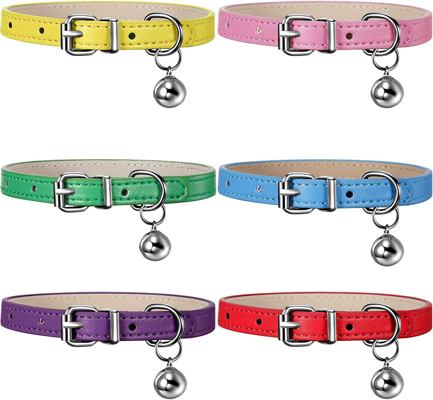 Weewooday 6-Pack Leather Cat Collar with Bell, Safety Elastic Strap, Adjustable Collars for Kittens & Small Pets (Bright Colors)