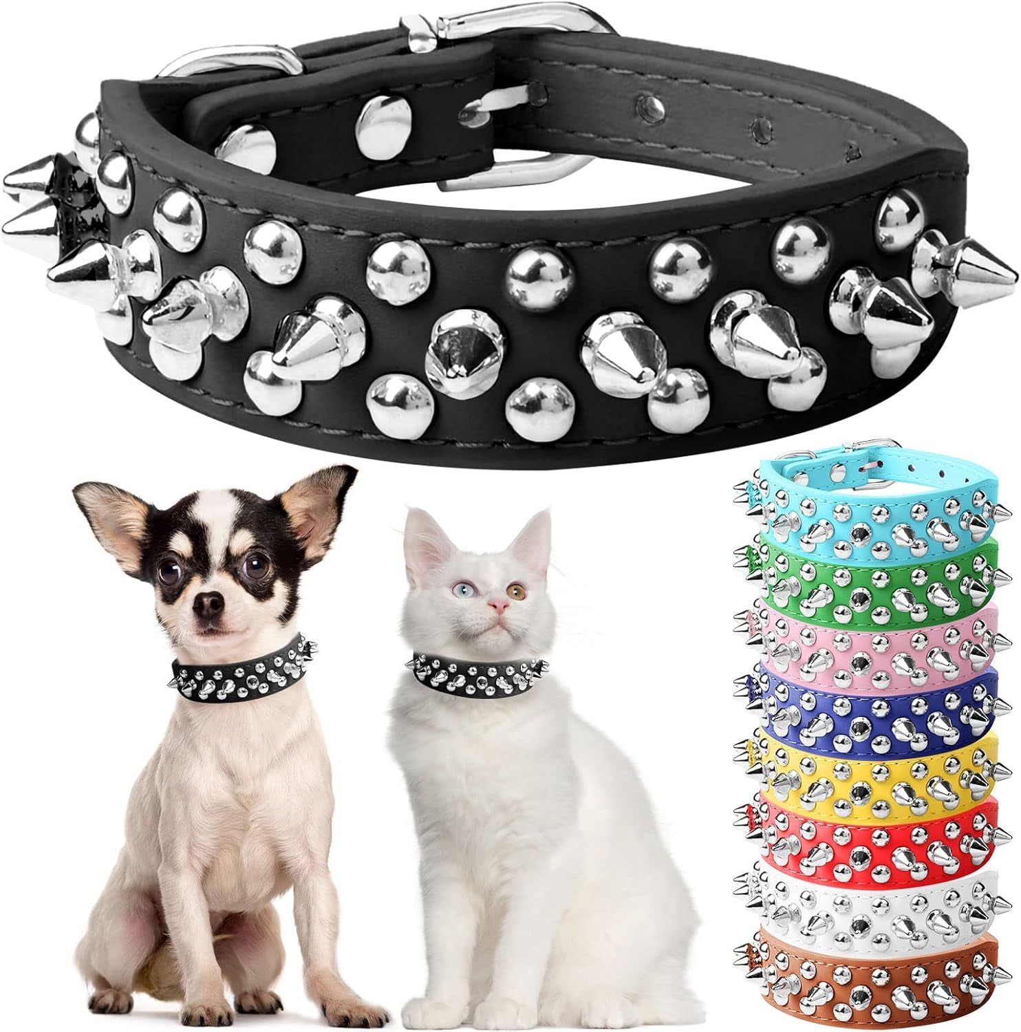 Spiked Dog Cat Collar, Soft White Leather Adjustable Puppy Collar with Studded Spikes, Anti-Bite Design for Small Dogs & Cats (XS, White)