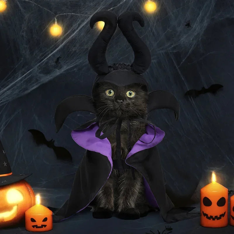 Halloween Witch-Shaped Costume Cat Purple Vampire Cape Puppy Wizard Devil Horns Hat Pet Holiday Outfit for Small Middle-Sized Do