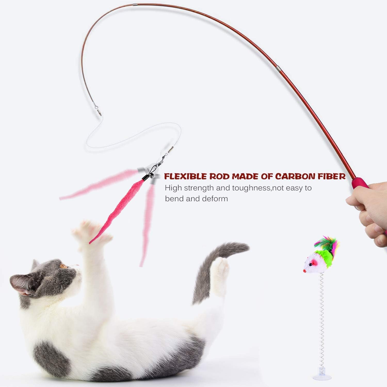 Retractable Cat Toys Wand with 5 Piece Teaser Refills, Interactive Cat Feather Toy for Cat Kitten Having Fun Exerciser Playing, Red