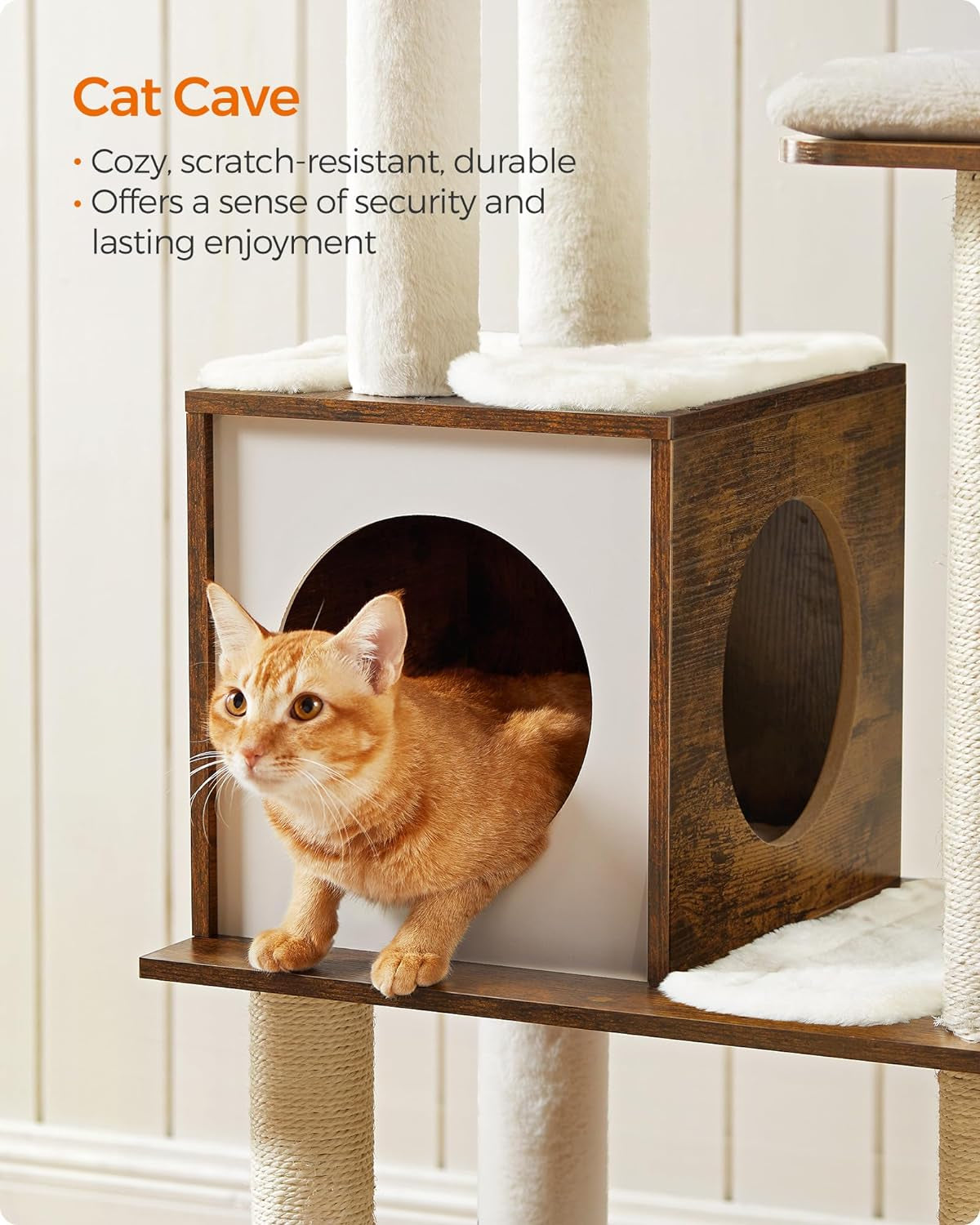 Rustic Brown 65-Inch Modern Cat Tower with Scratching Posts and Washable Cushions