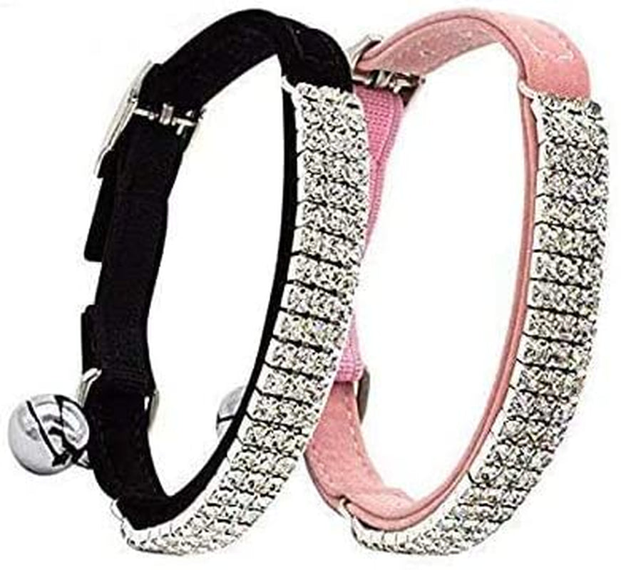 CHUKCHI Soft Velvet Safe Cat Adjustable Collar Bling Diamante with Bells,2 Pcs Black+Pink