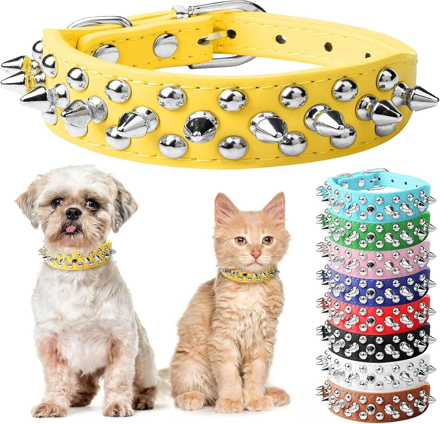 Spiked Dog Cat Collar, Soft White Leather Adjustable Puppy Collar with Studded Spikes, Anti-Bite Design for Small Dogs & Cats (XS, White)