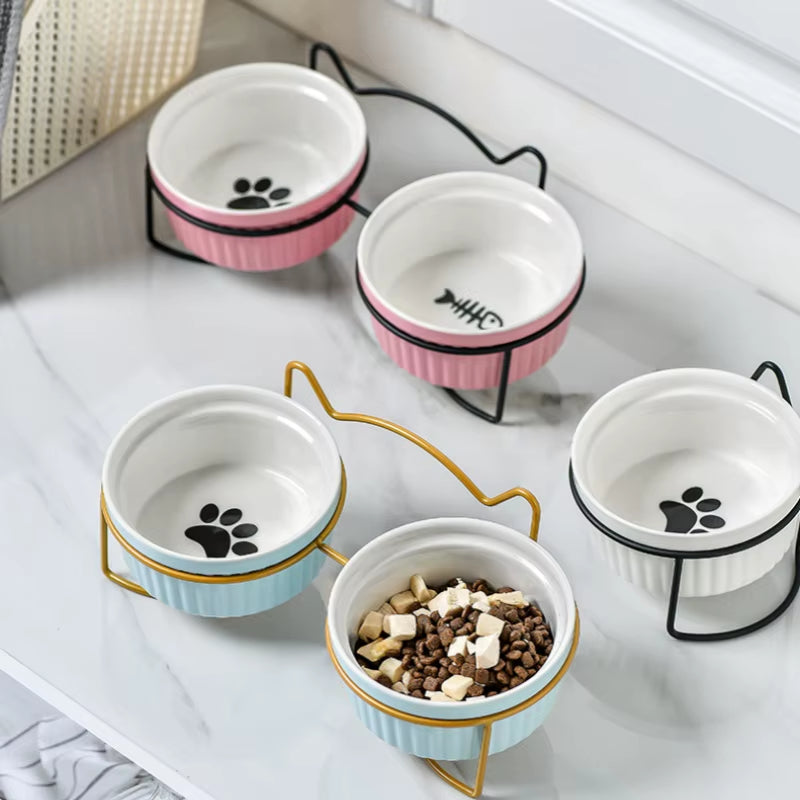 Single or Double Tilt Bowl Ceramic Bowl for Dog Cat Puppy Kitten Elevated Food Feeder Drinker Pet Water Bowl Pet Supplies