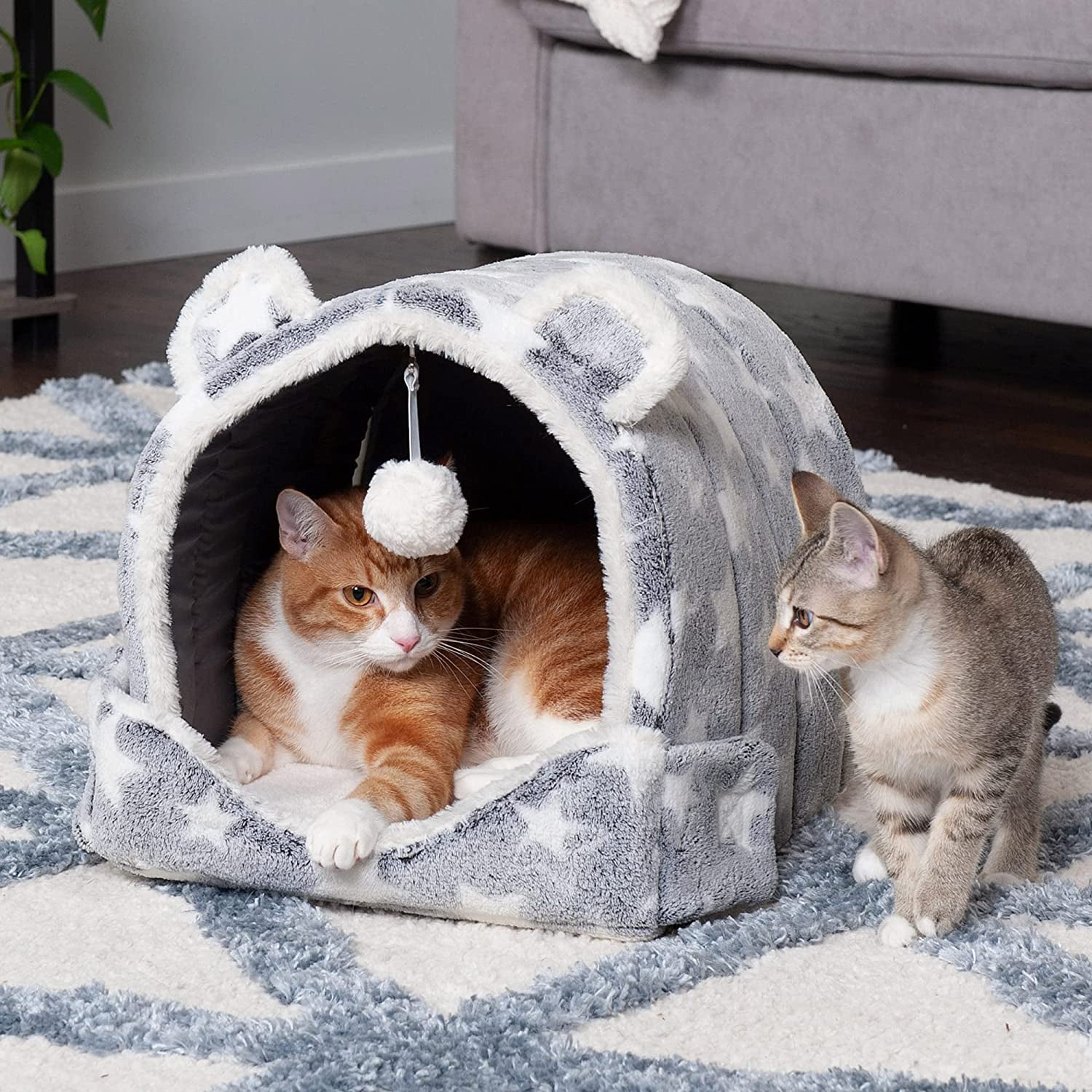 Furhaven Cat Bed Cave for Indoor Cats & Small Dogs, Washable & Foldable W/ Plush Ball Toy - Cozy Cave-Bear Pet Tent - Silver Stars, Small