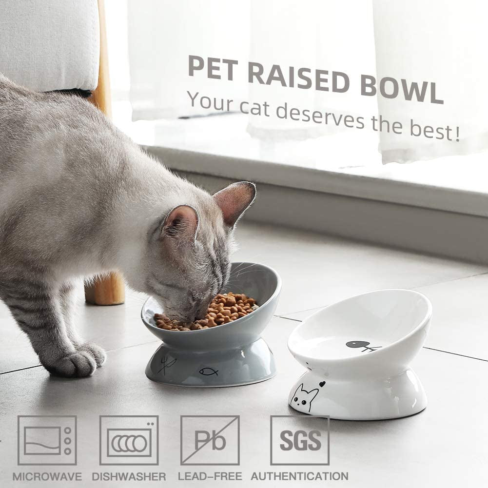 Sweejar Ceramic Raised Cat Bowls, Slanted Cat Dish Food or Water Bowls, Elevated Porcelain Pet Feeder Bowl Protect Cat'S Spine, Stress Free, Backflow Prevention (White)