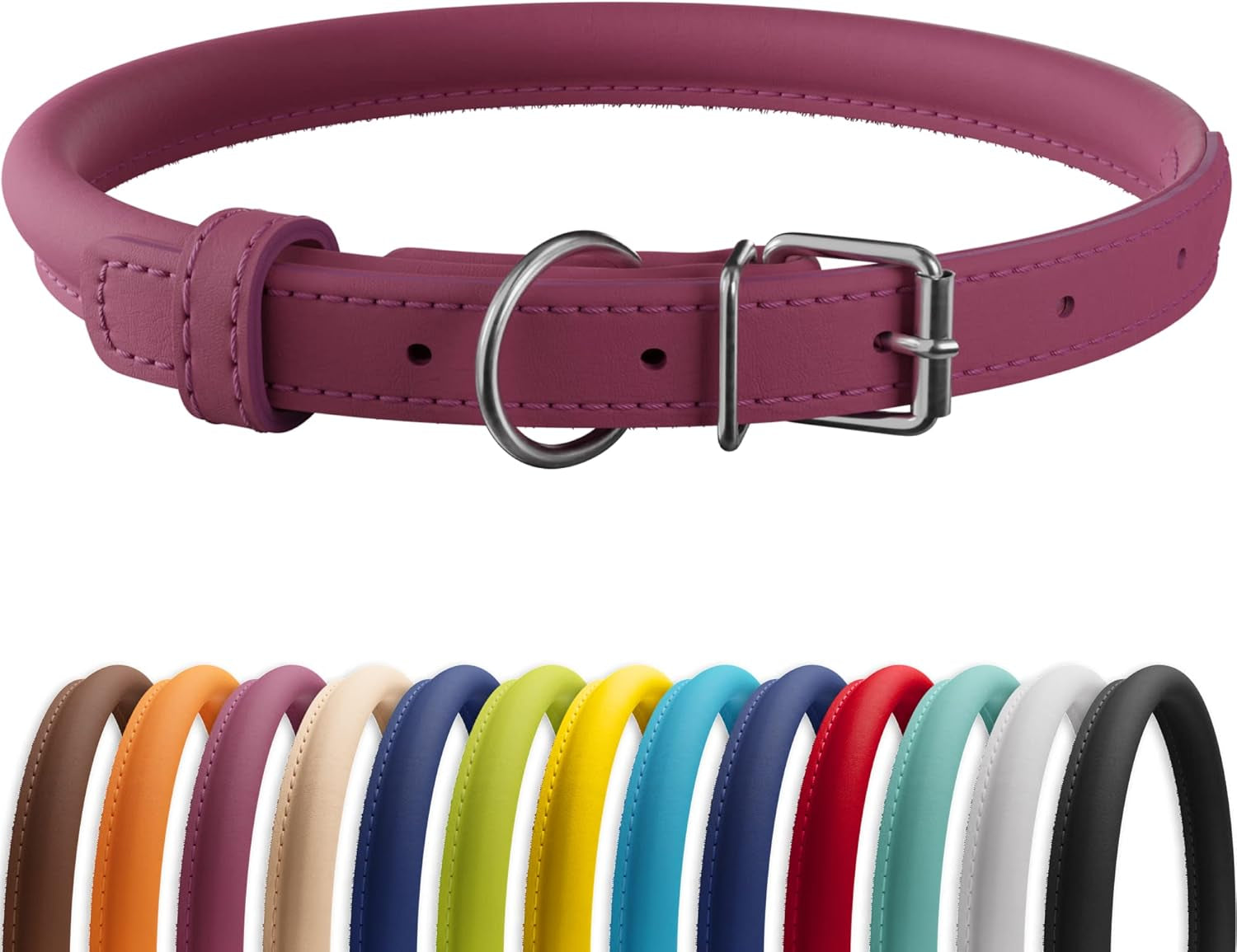 Rolled Leather Dog Collar, Soft Padded round Puppy Collar, Handmade Genuine Leather Collar Dog Small Large Cat Collars 13 Colors (6-7 Inch, Pink Textured)