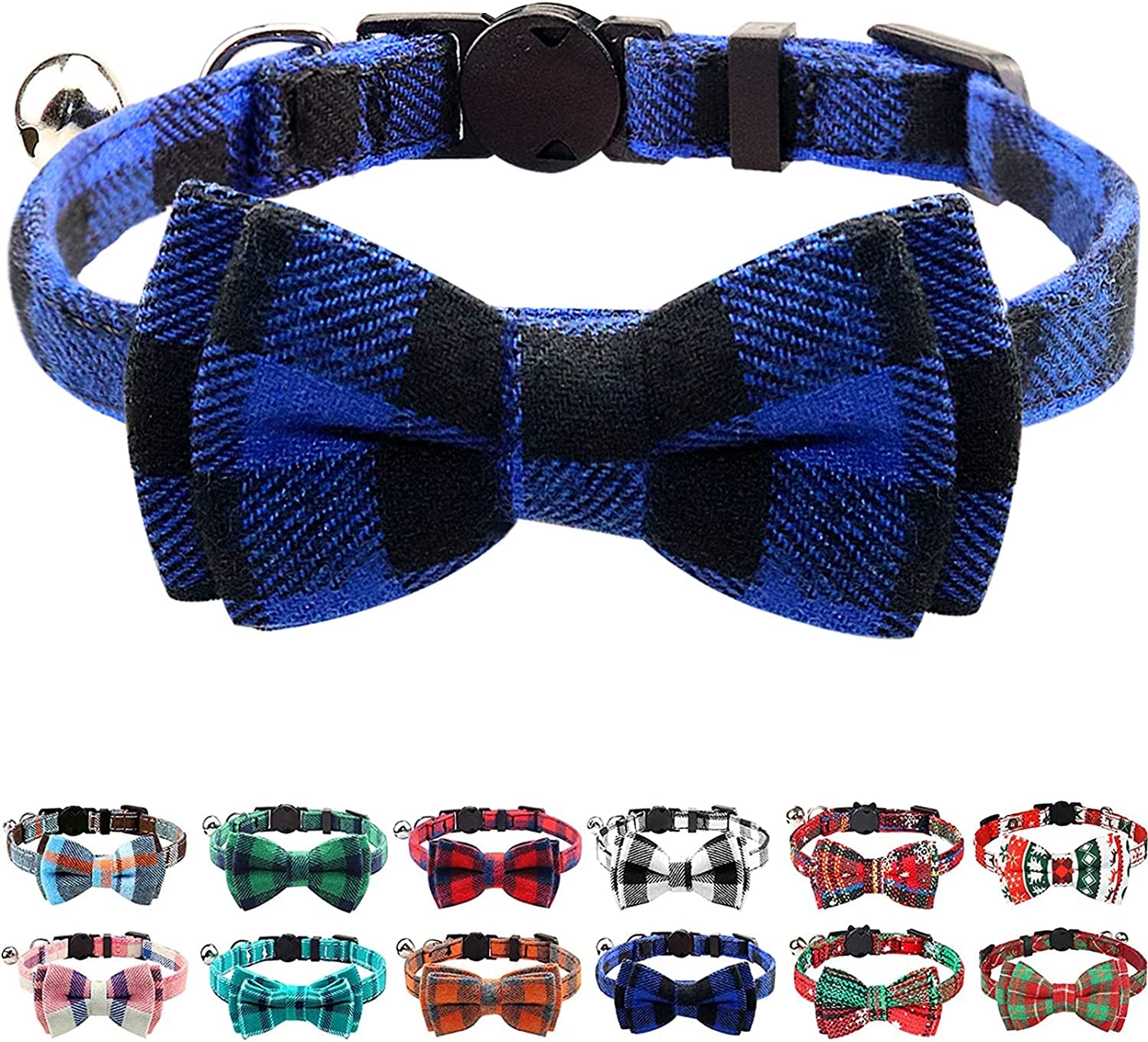 Joytale Upgraded Cat Collar with Bells, Breakaway Cat Collars with Bow Tie, 1 Pack Girl Boy Safety Plaid Kitten Collars, Haze Blue