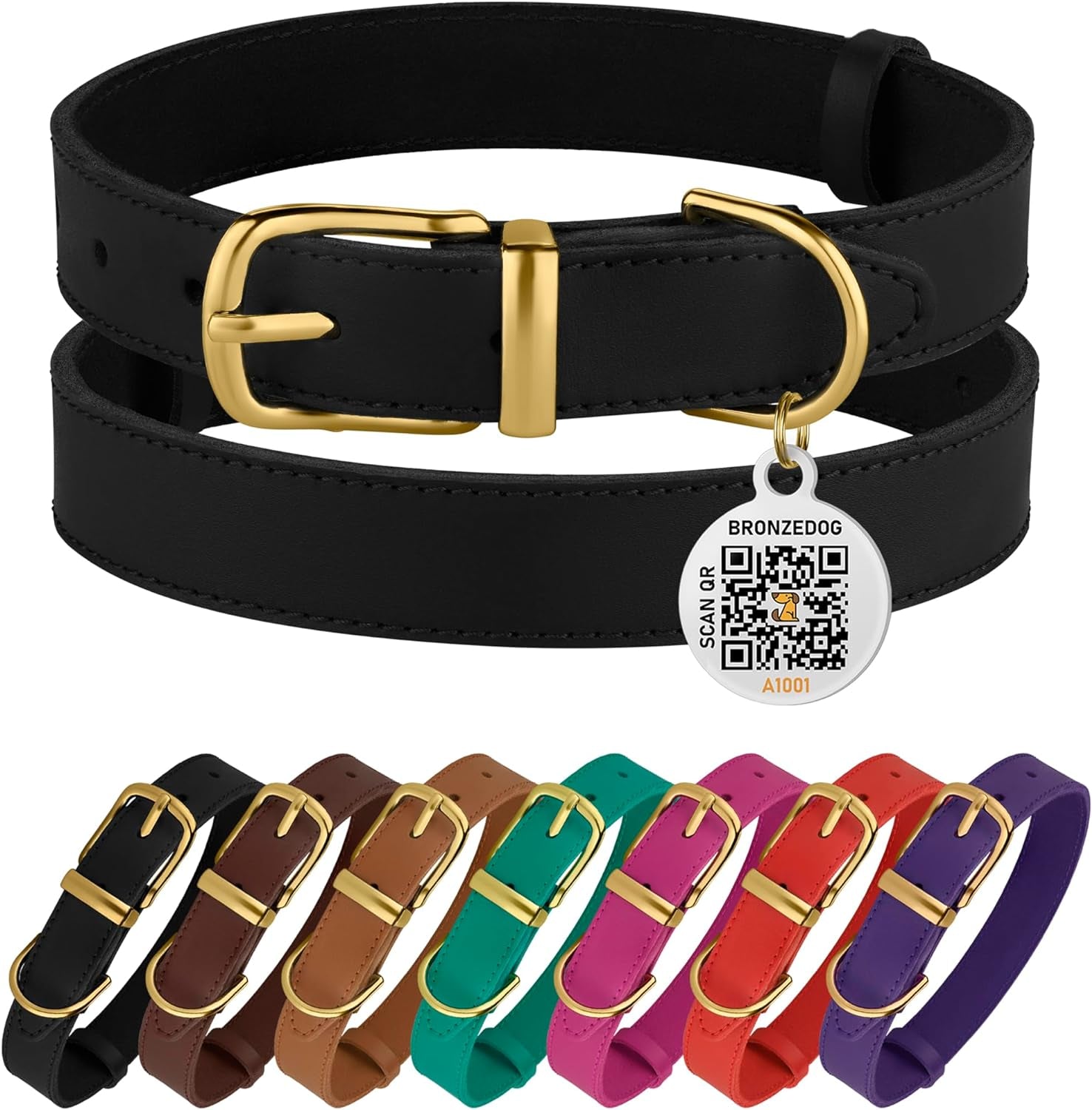 BRONZEDOG Leather Dog Collar, Durable Pet Collar with Metal Buckle, Pink & Gold Design for Small to Large Dogs