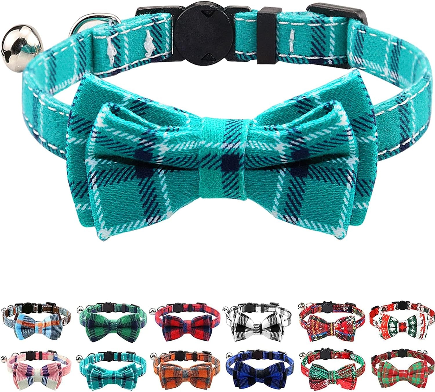 Joytale Upgraded Cat Collar with Bells, Breakaway Cat Collars with Bow Tie, 1 Pack Girl Boy Safety Plaid Kitten Collars, Haze Blue