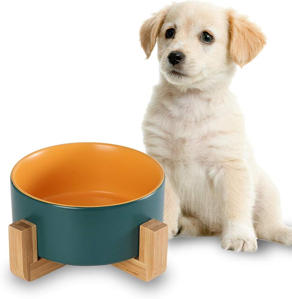 White Ceramic Cat Dog Bowl Dish with Wood Stand No Spill Pet Food Water Feeder Cats Small Dogs